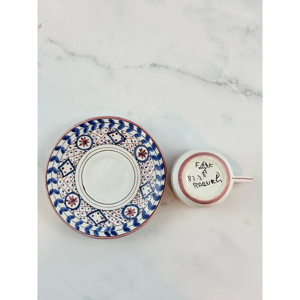 VTG 1983 Casafina Portugal Hand Painted Demitasse Cup and Saucer Blue Pink